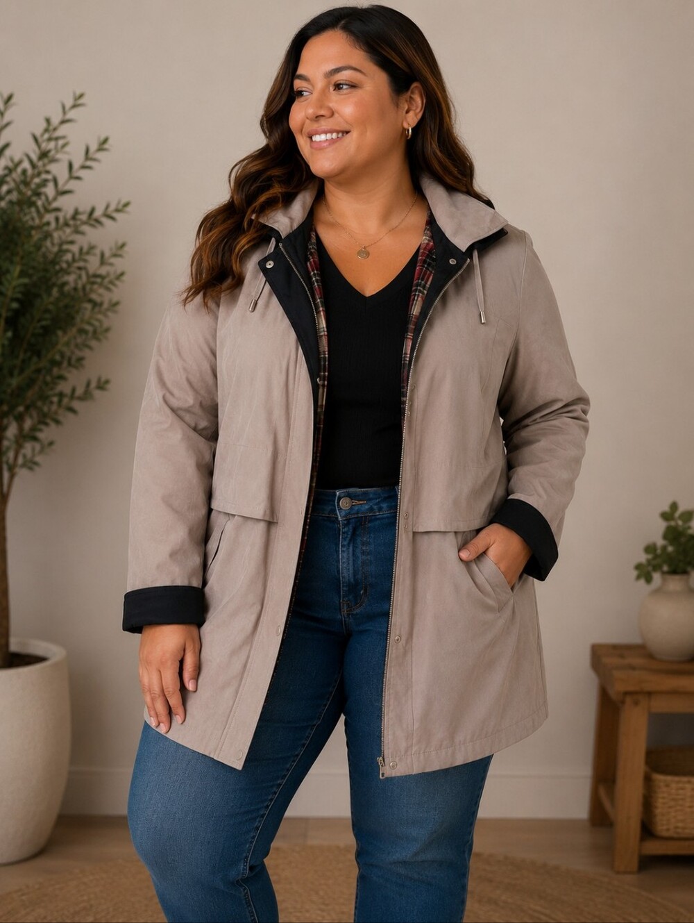 Liz Claiborne Large Women's Beige and Black Coat With Hood